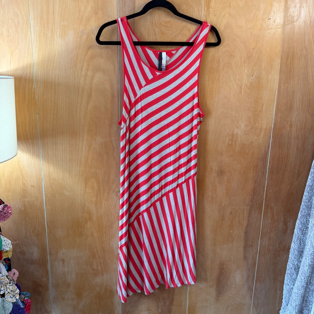 Kensie Womens XL Red Gray Striped Sleeveless Midi Tank Dress Asymmetric Seam